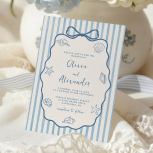 Coastal Blue Stripe Whimsical Hand Drawn Wedding Invitation