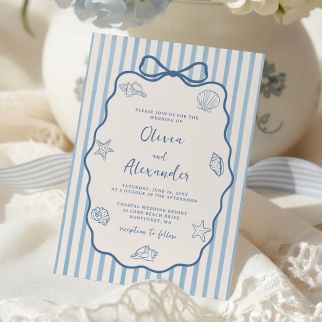 Coastal Blue Stripe Whimsical Hand Drawn Wedding Invitation (Creator Uploaded)