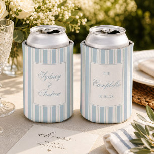 Coastal Blue Striped Personalized Wedding Can Cooler