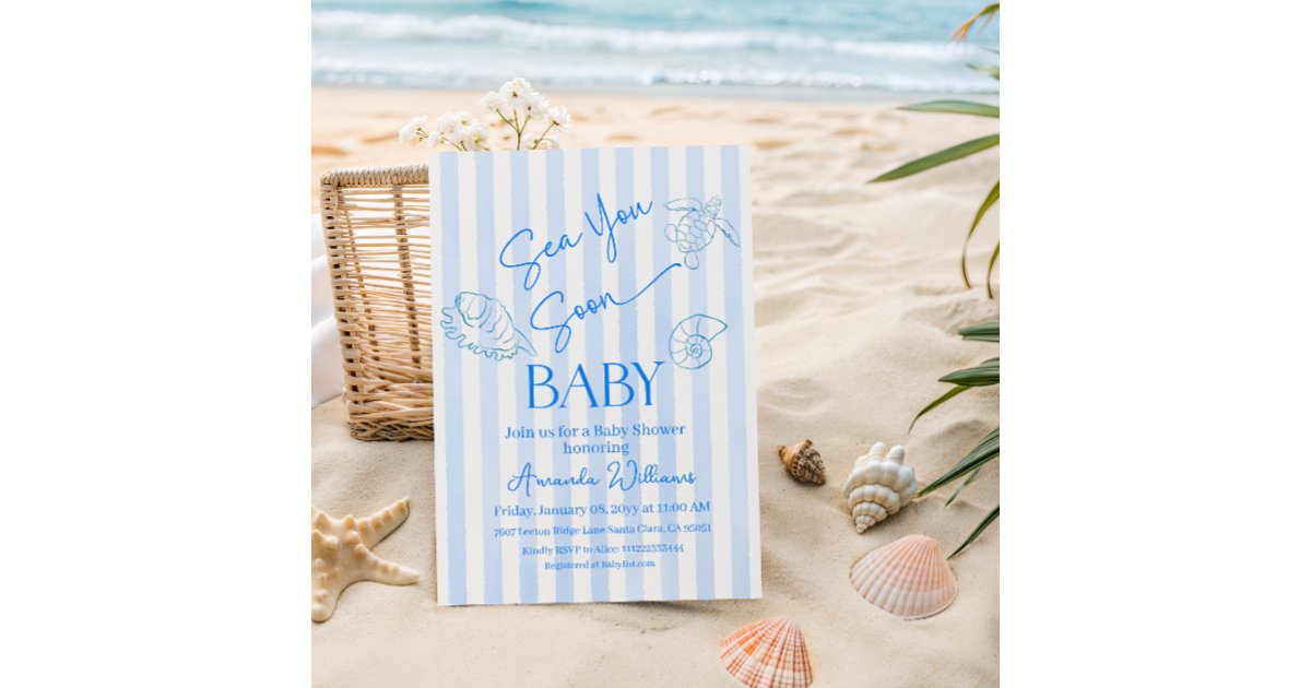 Coastal Blue Stripes Boy Sea You Soon Baby Shower Invitation | Zazzle