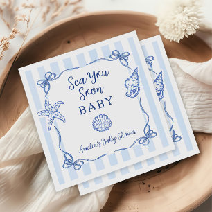 Coastal Blue Stripes Boy Sea You Soon Baby Shower Napkins