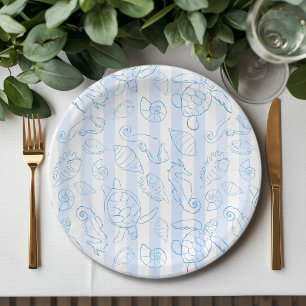 Coastal Blue Stripes Boy Sea You Soon Baby Shower Paper Plates