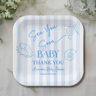 Coastal Blue Stripes Boy Sea You Soon Baby Shower Paper Plates