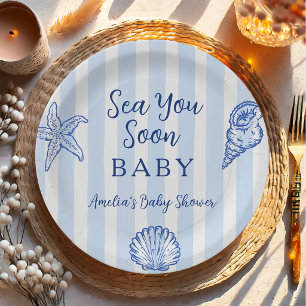 Coastal Blue Stripes Boy Sea You Soon Baby Shower Paper Plates