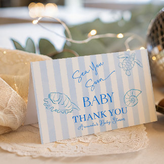 Coastal Blue Stripes Boy Sea You Soon Baby Shower Thank You Card