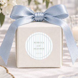 Coastal Blue Stripes Sage Green Wedding Favor Classic Round Sticker