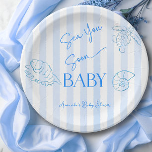 Coastal Blue Stripes Sea You Soon Boy Baby Shower Paper Plates