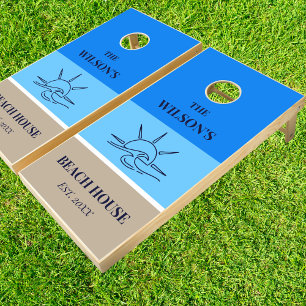 Coastal Blue Stripes Tan Family Name Beach House Cornhole Set