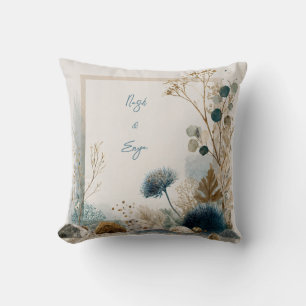 Coastal Blue Thistle and Gold Botanical Watercolor Throw Pillow