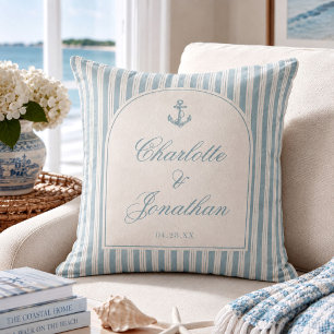 Coastal Blue Ticking Stripe Custom Couple Names Throw Pillow