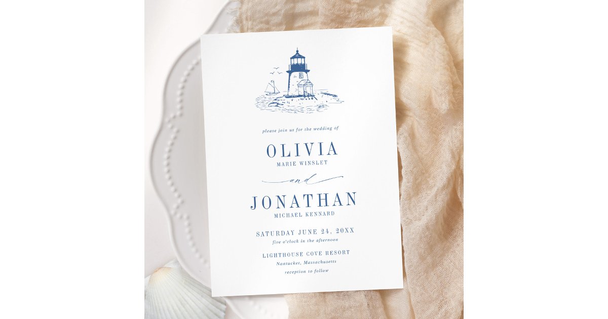 Coastal Blue Toile Lighthouse Wedding Invitation | Zazzle
