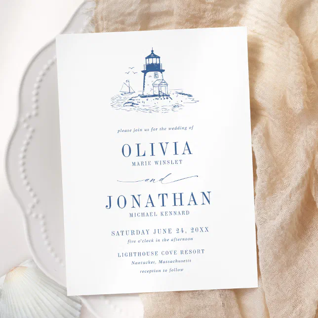 Coastal Blue Toile Lighthouse Wedding Invitation | Zazzle