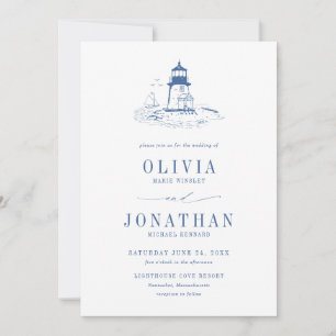 Coastal Blue Toile Lighthouse Wedding Invitation