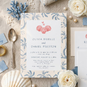 Coastal Blue Toile Pink Seashell Beach Wedding Invitation