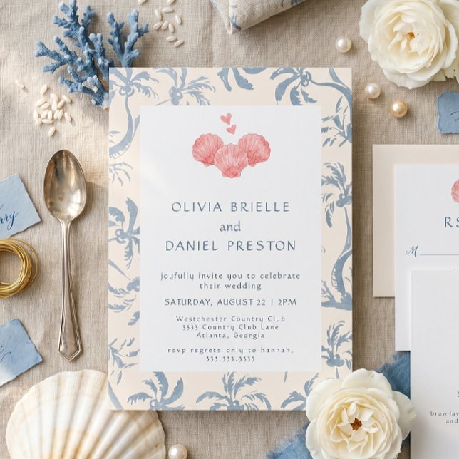 Coastal Blue Toile Pink Seashell Beach Wedding Invitation (Creator Uploaded)