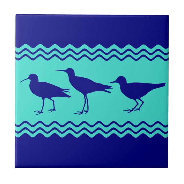 Coastal Blue Turquoise Sandpiper Birds Pattern Ceramic Tile (Front)