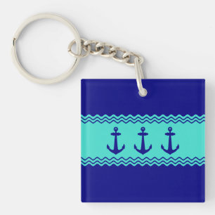 Coastal Blue Turquoise Stripe Anchor Nautical Keychain