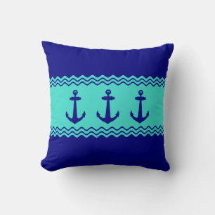 Coastal Blue Turquoise Stripe Anchor Nautical Throw Pillow