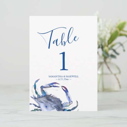 Coastal Blue Watercolor Crab Wedding Table Number