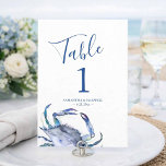 Coastal Blue Watercolor Crab Wedding Table Number<br><div class="desc">Designed to coordinate beautifully with Do Tell A Belle’s coastal crab wedding stationery suite, this personalised wedding table card showcases a hand-painted watercolor crab in soft blue tones inspired by the ocean. Each wedding table number is customized with your table number, names, and wedding date for a cohesive and polished...</div>