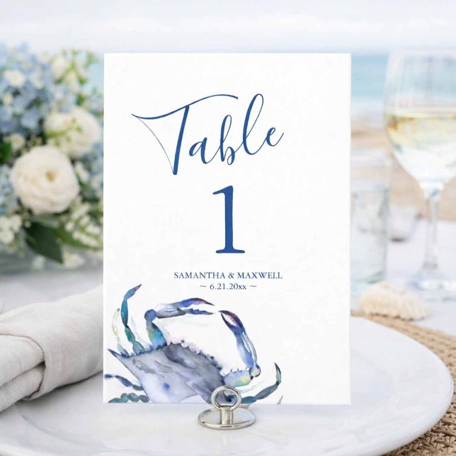 Coastal Blue Watercolor Crab Wedding Table Number (Creator Uploaded)