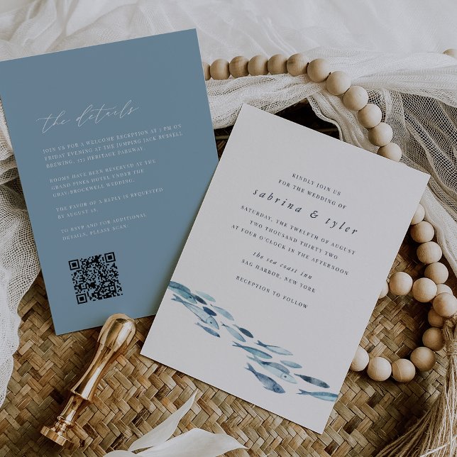 Coastal Blue Watercolor Fish All in One Wedding Invitation (Creator Uploaded)