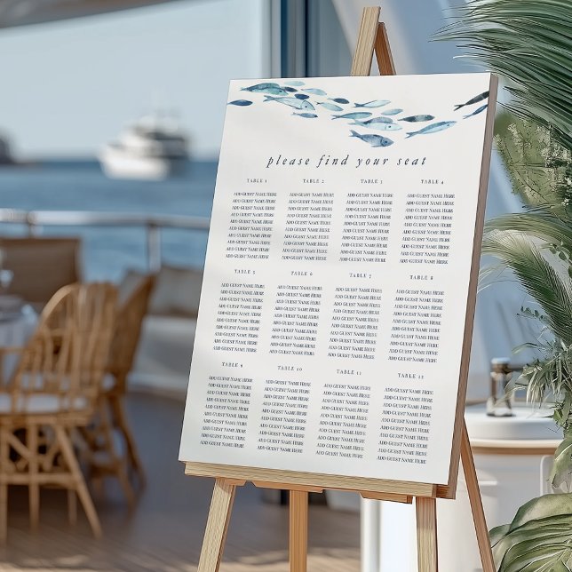 Coastal Blue Watercolor Fish Seating Chart Foam Board (Creator Uploaded)