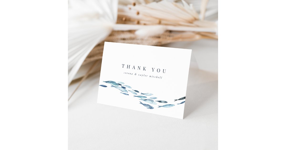 Coastal Blue Watercolor Fish Wedding or Engagement Thank You Card | Zazzle