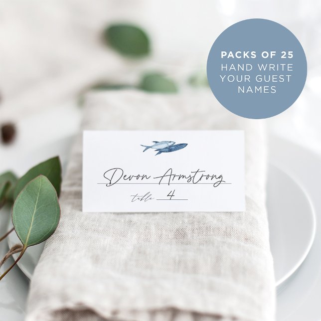 Coastal Blue Watercolor Fish Wedding Place Card (Creator Uploaded)
