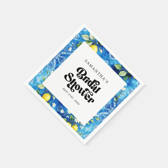 Coastal Blue Watercolor Lemon Citrus Bridal Shower Napkins (Corner)