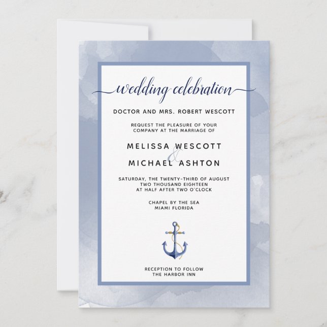 Coastal Blue Watercolor Nautical Event or Wedding Invitation (Front)