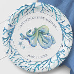 Coastal Blue Watercolor Octopus Boy Baby Shower Paper Plates<br><div class="desc">Cute personalized plates for your coastal themed backyard boy baby shower. This design features a coral border with a watercolor octopus and starfish in shades of blue. Personalize with the mama-to-be's name and shower date. To see the matching beach theme party decor visit www.zazzle.com/dotellabelle</div>
