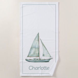 Coastal Blue Watercolor Sailboat Personalized Beach Towel