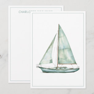 Coastal Blue Watercolor Sailboat Personalized Note Card
