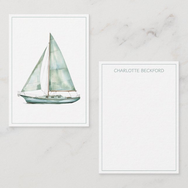 Coastal Blue Watercolor Sailboat Personalized Note Card (Front/Back)