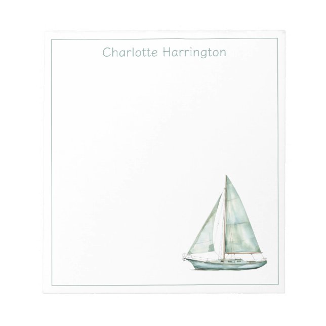 Coastal Blue Watercolor Sailboat Personalized Notepad (Front)