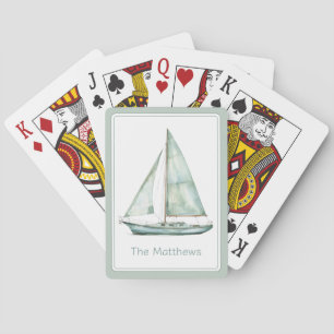 Coastal Blue Watercolor Sailboat Personalized Poker Cards
