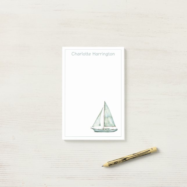 Coastal Blue Watercolor Sailboat Personalized Post-it Notes (On Desk)