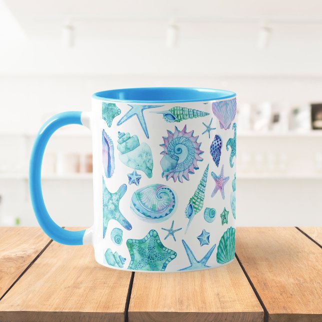 Coastal Blue Watercolor Sea Shells and Starfish Mug (Coastal Blue Watercolor Sea Shells and Starfish Mug)