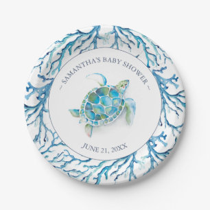 Coastal Blue Watercolor Sea Turtle Boy Baby Shower Paper Plates