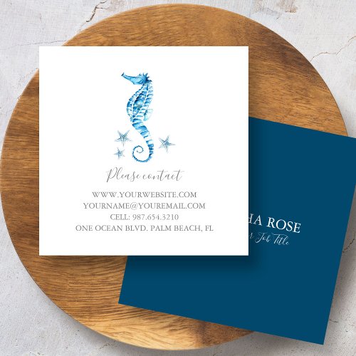 Coastal Blue Watercolor Seahorse Starfish Custom Square Business Card