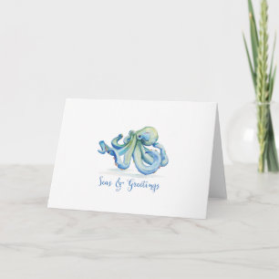 Coastal Blue Watercolor Seas and Greetings Octopus Holiday Card