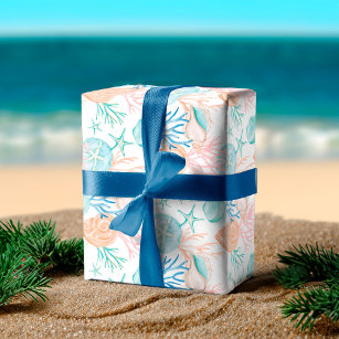 Coastal Blue Watercolor Seashell & Sripe Pattern Wrapping Paper Sheets