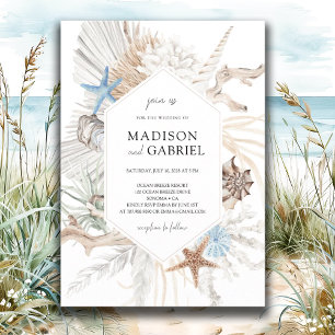Coastal Blue Watercolor Seashells Coral Wedding Invitation