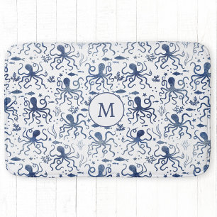 Coastal Blue Watercolor Undersea Octopus Monogram Bath Mat