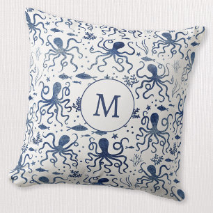Coastal Blue Watercolor Undersea Octopus Monogram Throw Pillow