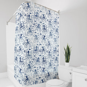 Coastal Blue Watercolor Undersea Octopus Pattern Shower Curtain