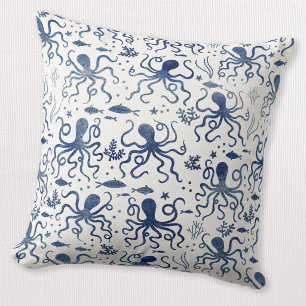 Coastal Blue Watercolor Undersea Octopus Pattern Throw Pillow