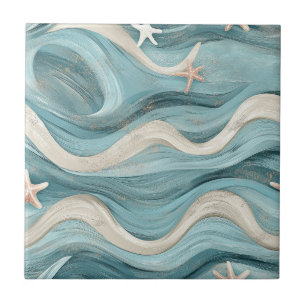 Coastal Blue Wave Cream Sand Starfish Ceramic Tile