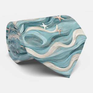 Coastal Blue Wave Cream Sand Starfish Neck Tie